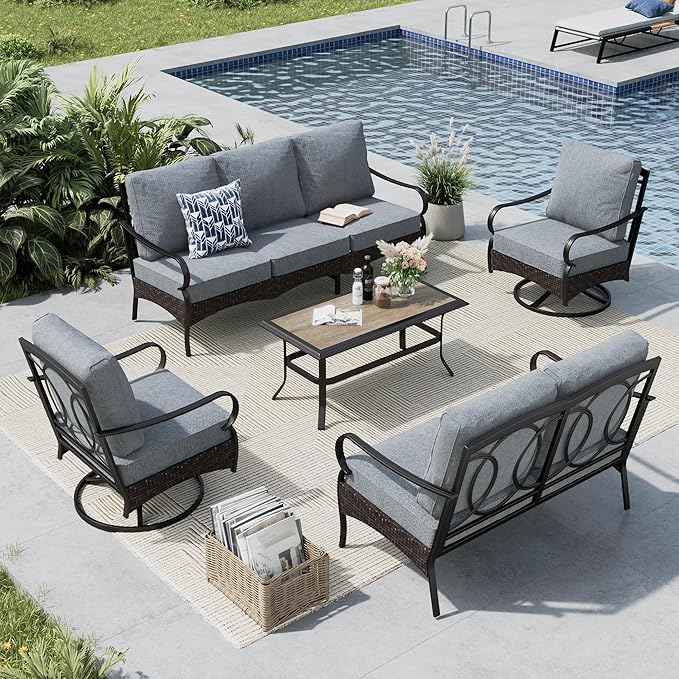 MFSTUDIO 5 PCS Outdoor Patio Furniture Set, Metal Outdoor Conversation Set, Rattan Wicker Patio Sectional Sofa Set with 2 x Swivel Single Sofa, 2-Seat and 3-Seat Sofa, 1 x Coffee Table, Grey