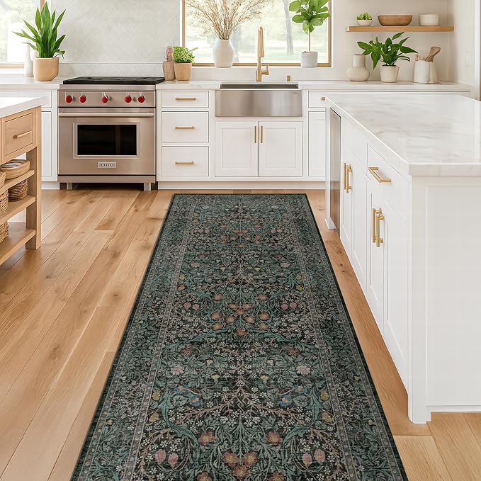 Dark Green 2 x 8 Runners for Hallways, 8ft Long Floor Runner for Kitchen