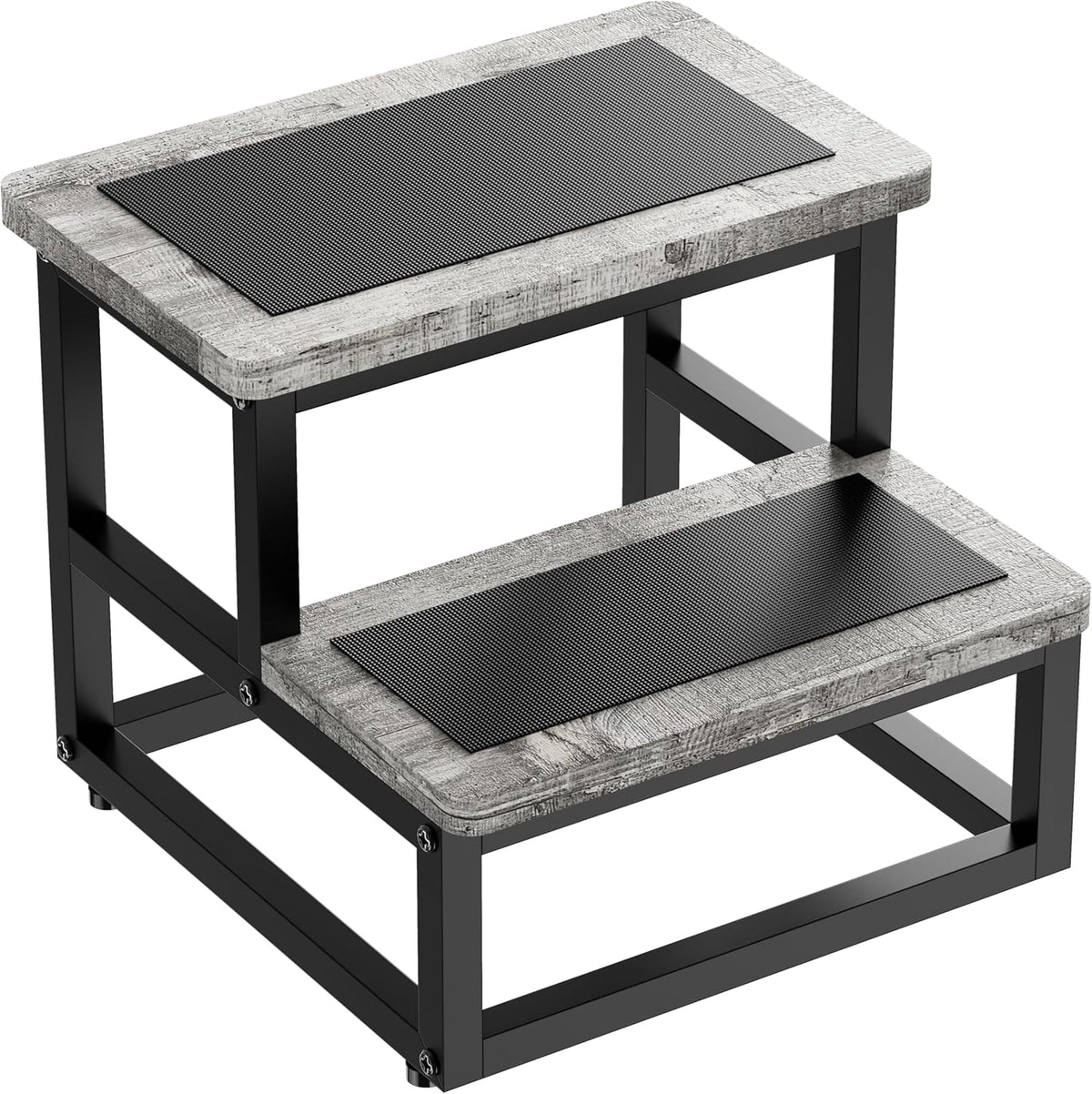 Step Stools for Kids Adults, Heavy Duty Stepping Stools Bed Steps for High Beds, Non-Slip Metal and Wooden 2 Steps Foot Stool for Bedside Kitchen, Round Corner, 500 Lbs Capacity, Gray Pattern