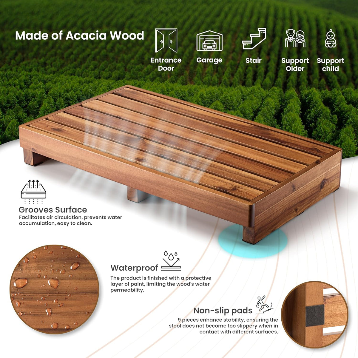 TINAMO 3.5" One Step Stool for Elderly, Acacia Wood High Riser Step Stool for Bed - 550 Lbs Wooden Mobility Stepping Stools for Adults, Kids/Bedside, Bathroom, Kitchen, Garden (Acacia, 3.5" Height)