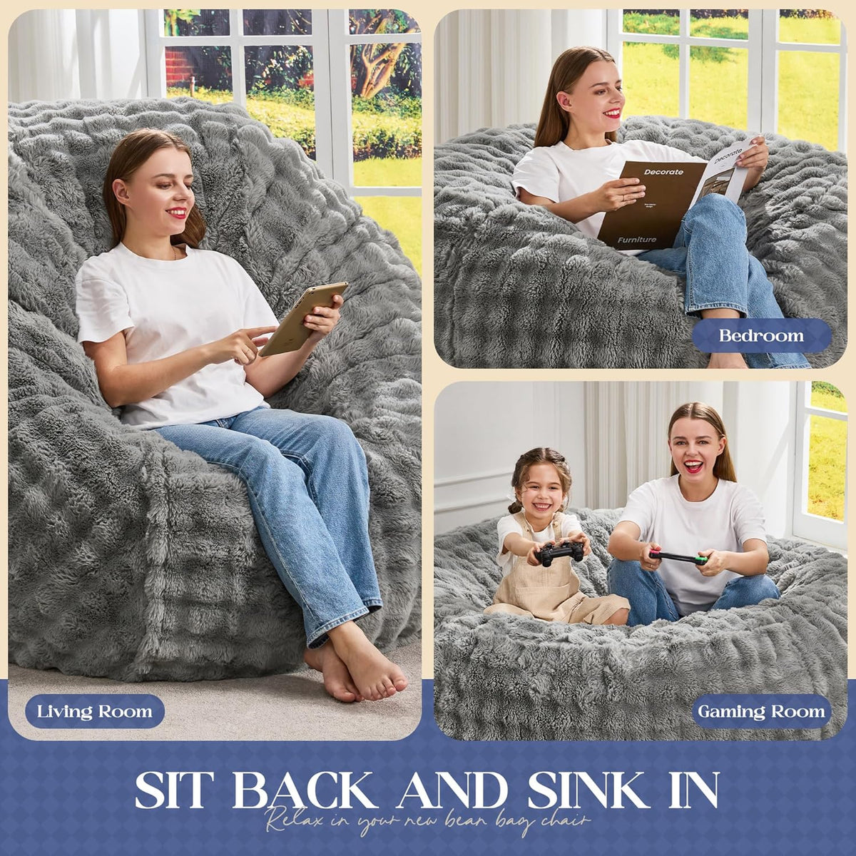 Hobestluk Bean Bag Chairs 6ft Beanbag Chair with Filler Adult Bean Bags with Fluffy & Machine Washable Cover, Giant Bean Bag Chairs for Adults (Grey, 6FT-70" x 70" x 15")