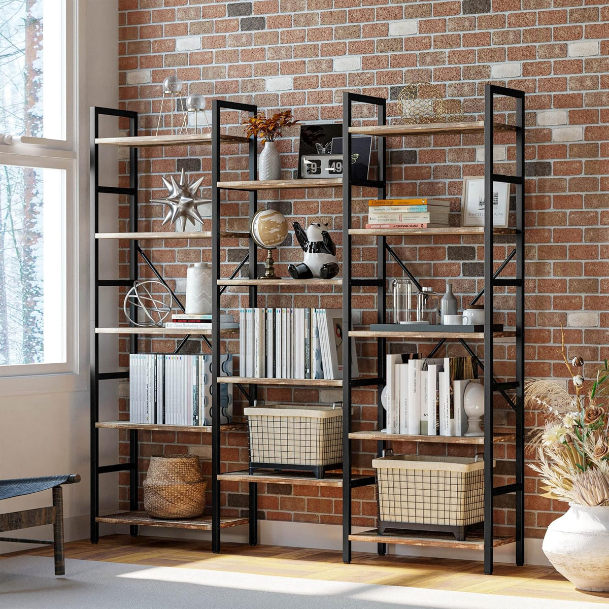 IRONCK Bookcases and Bookshelves Triple Wide 5 Tiers Industrial Bookshelf, Large Etagere Bookshelf Open Display Shelves with Metal Frame for Living Room Bedroom Home Office
