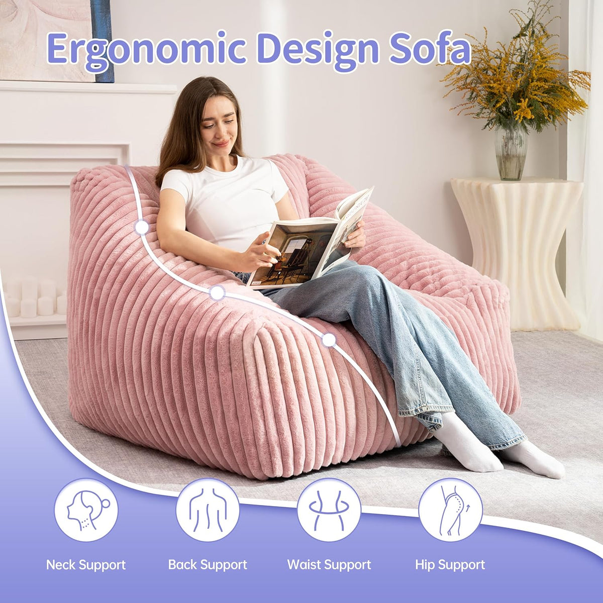 HABUTWAY Bean Bag Chair, Giant Bean Bag Chairs for Adults and Kids, Bean Bag Sofa, Lazy Floor Sofa, Faux Fur Beanbag Chair with Armrests for Living Room Bedroom (Pink)