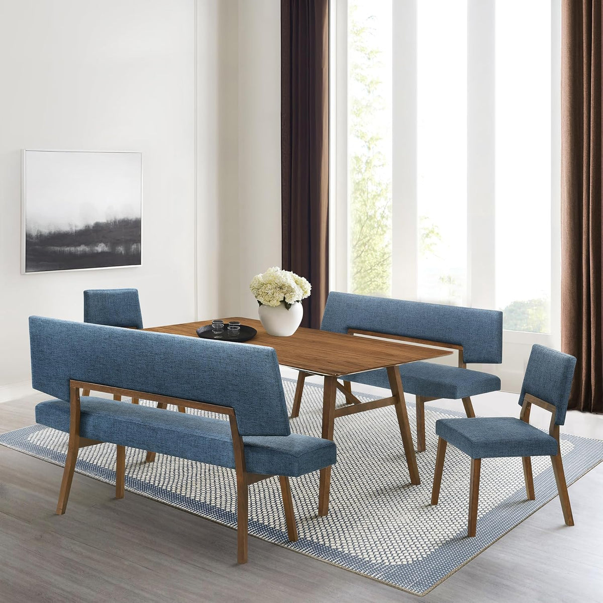 Armen Living Channell Mid Century Modern 5 Piece Walnut Wood Dining Table Set with Benches in Blue Fabric
