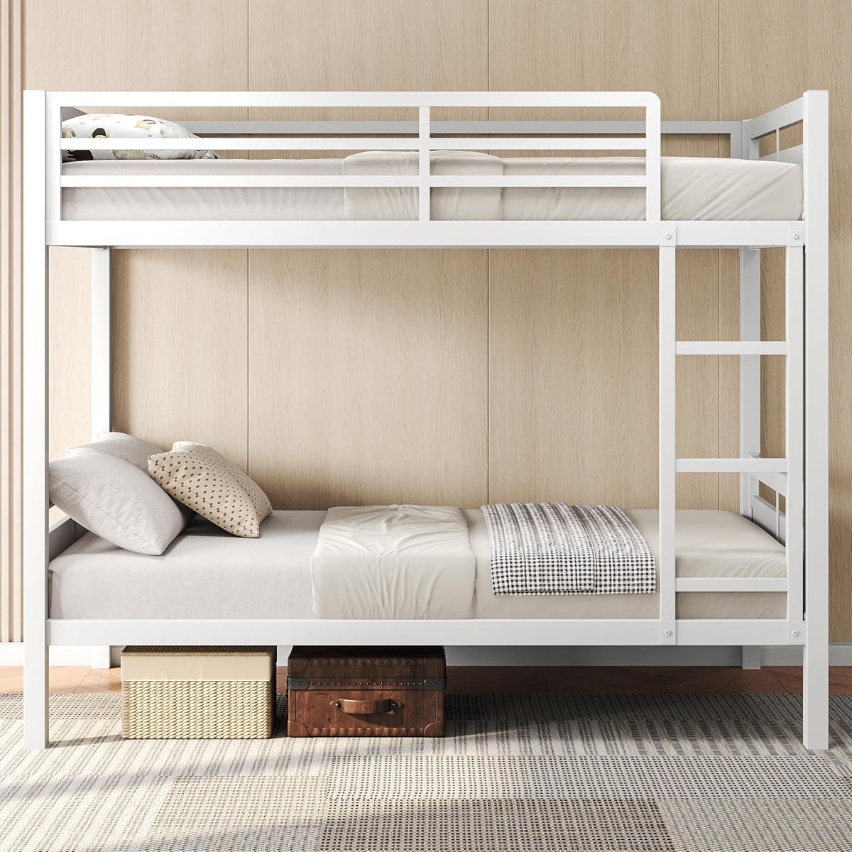 Feonase Metal Bunk Bed Twin Over Twin with Ladder and High Guardrail, Heavy-Duty Metal Slats Support, Noise Free, No Box Spring Needed, for Kids and Juniors, Black