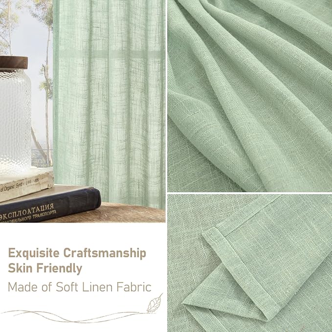 LAMIT 95 Inches Long Fresh Green Linen Curtains