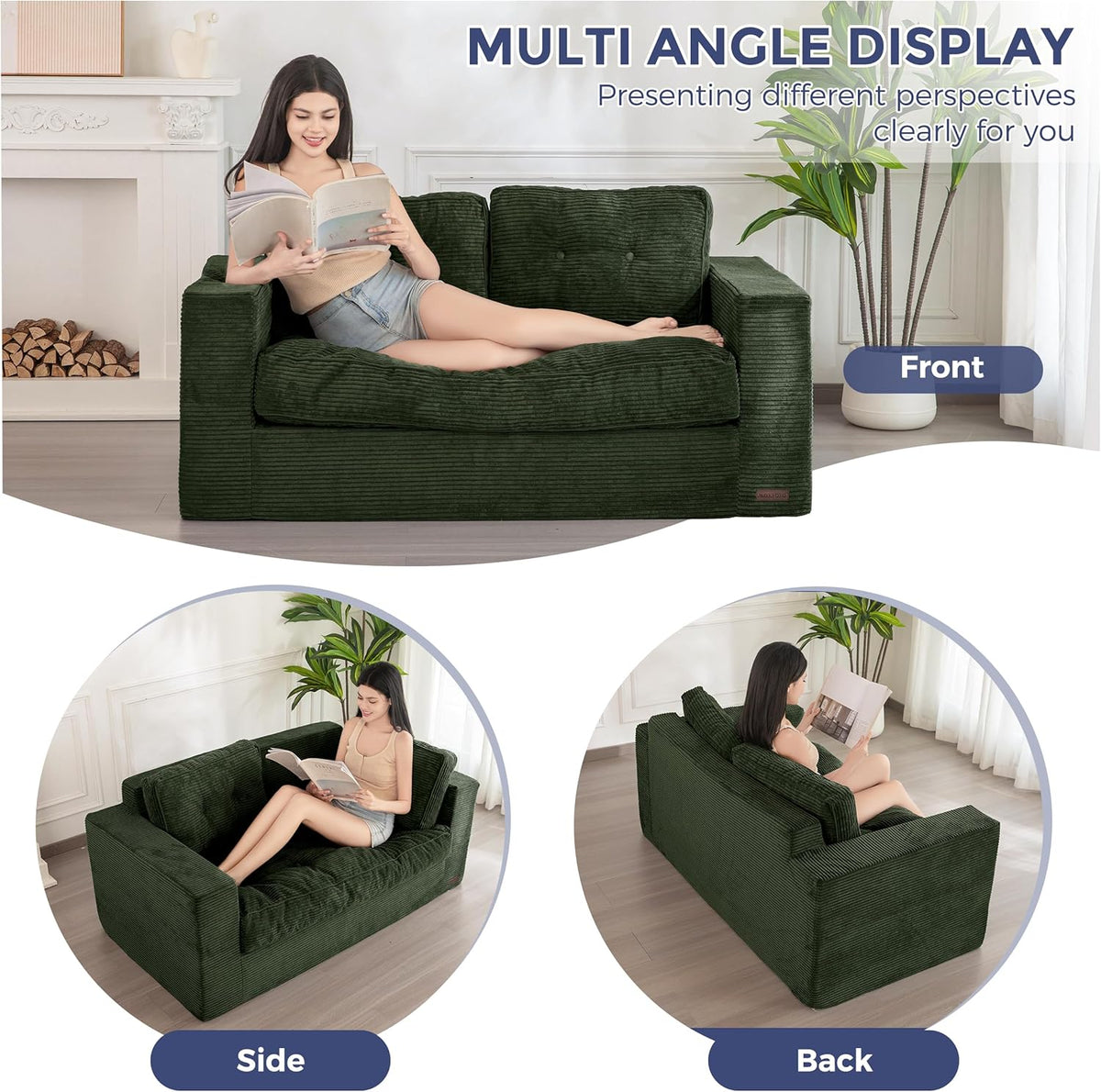 MAXYOYO Bean Bag Chair for Adults, Upholstered Floor Sofa with Armrests, Loveseat Boneless Couch with Tufted Cushion & Backrest, Sofa in A Box, Large Bean Bag Couch for Bedroom Living Room, Green