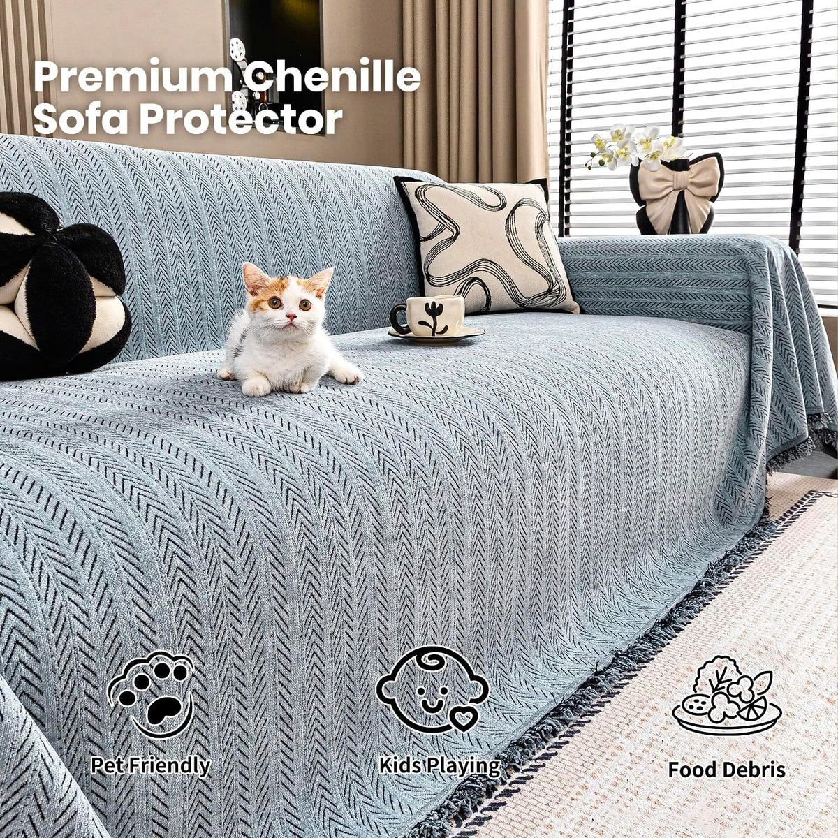 Nobildonna Sofa Cover Washable Soft Thicken Chenille Couch Cover with Tassel,Waterproof Sofa Slipcover for 3-4 Cushion Couch,Sectional Sofa,L-Shaped Furniture Protector Pet-Friendly,Dusty Blue71 x150