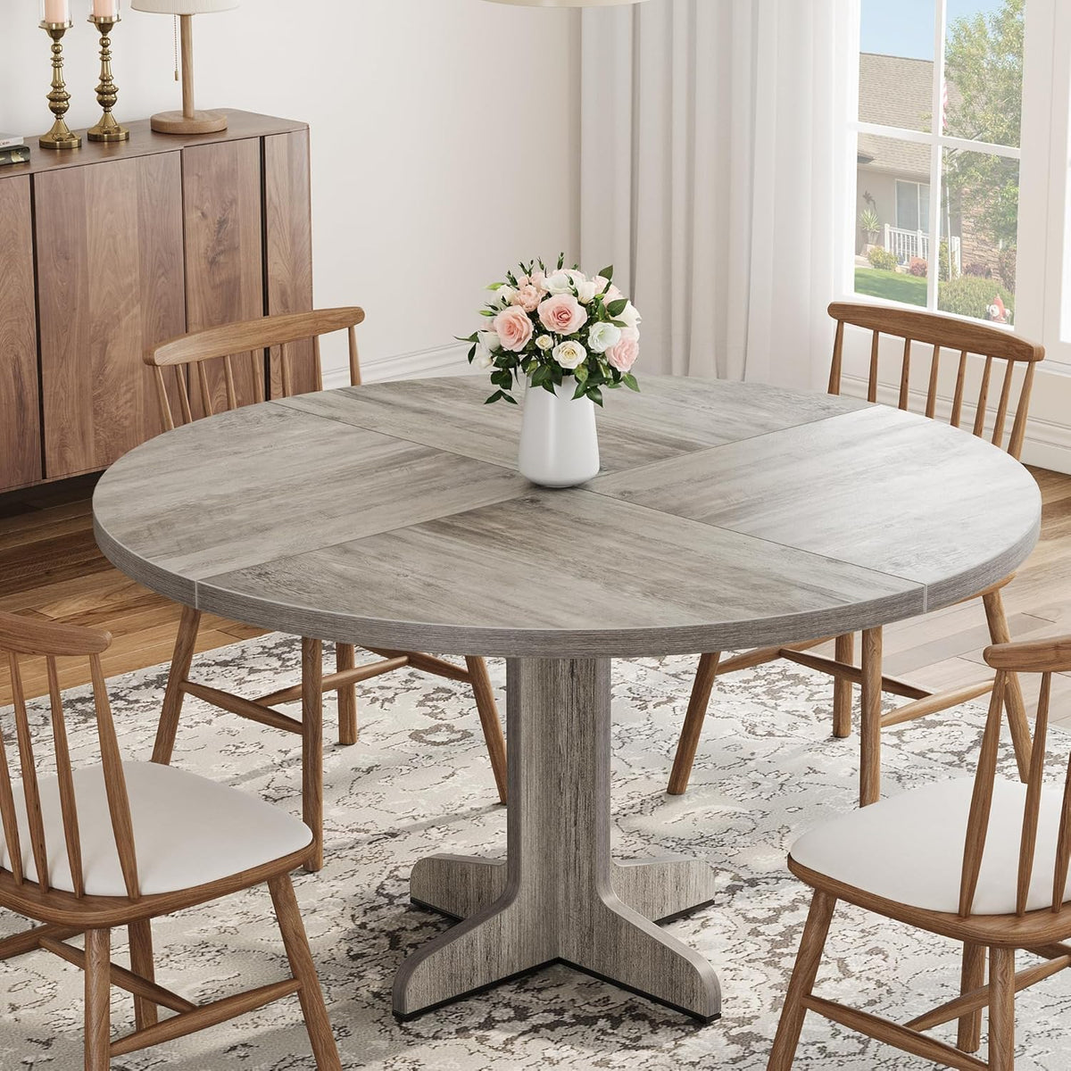 Garvee 47 Inch Round Dining Table for 4, Farmhouse Kitchen Dining Room Circle Dinner Table, Kitchen Dining Room Furniture, Grey (Table Only)