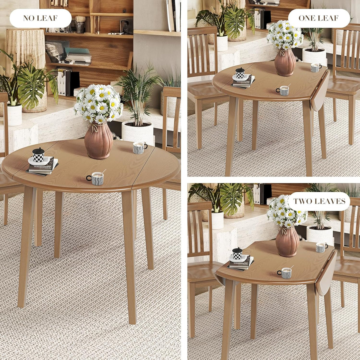 COLAMY 5-Piece Extendable Dining Table Set for 4, 36" Kitchen Round Wood Table with 4 Nailhead Dining Room Chairs,Light Brown/White&Blue Flower