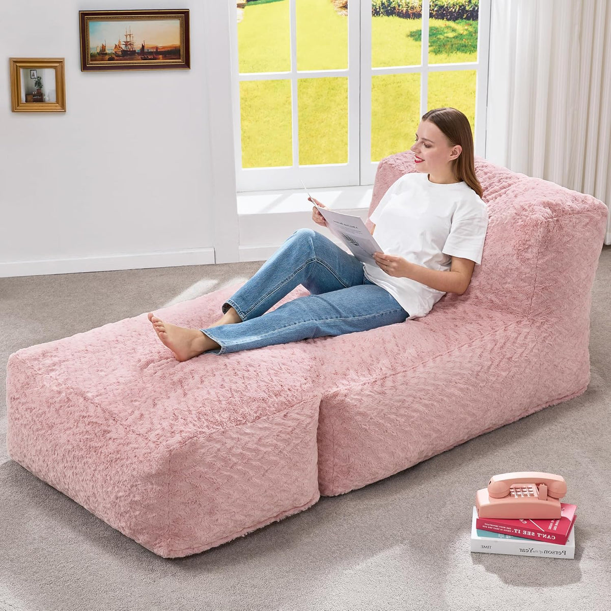Hobestluk Bean Bag Chair Big Bean Bag Lounger for Adults Bean Bag Couch with Memory Foam Filled for Living Room, Bedroom or Balcony (Chevron Plush Pink)
