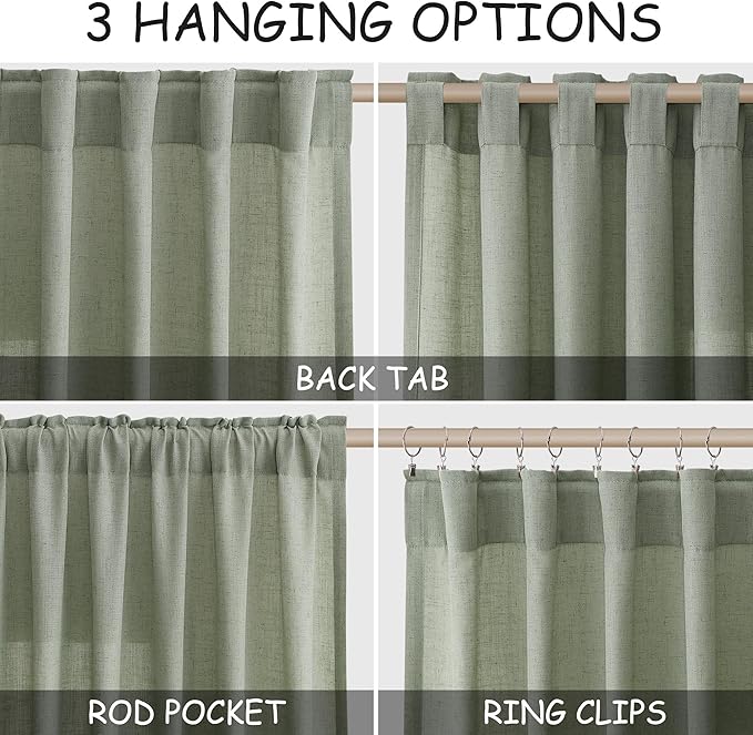 Nanspring Desert Sage Linen Curtains Semi Sheer 96 Inches Long 2 Panels Set