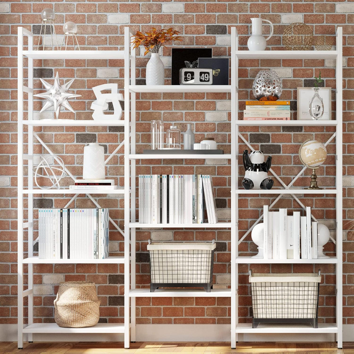 IRONCK Bookcases and Bookshelves Triple Wide 5 Tiers Industrial Bookshelf, Large Etagere Bookshelf Open Display Shelves with Metal Frame for Living Room Bedroom Home Office