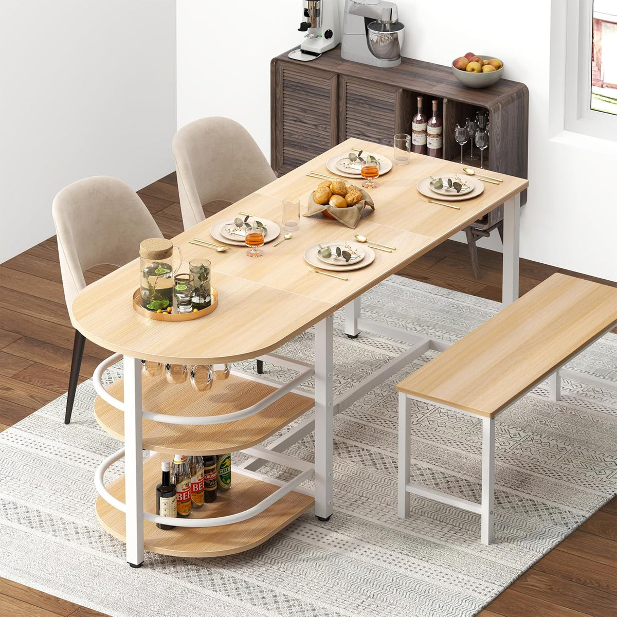 soges Dining Table for 4-6 Person, 71 inch Long Kitchen Dining Table for Living Room and Dining Room, Dinner Table with Storage Shelf & Cup Holder, Metal Legs(Only Table), Millennium Oak