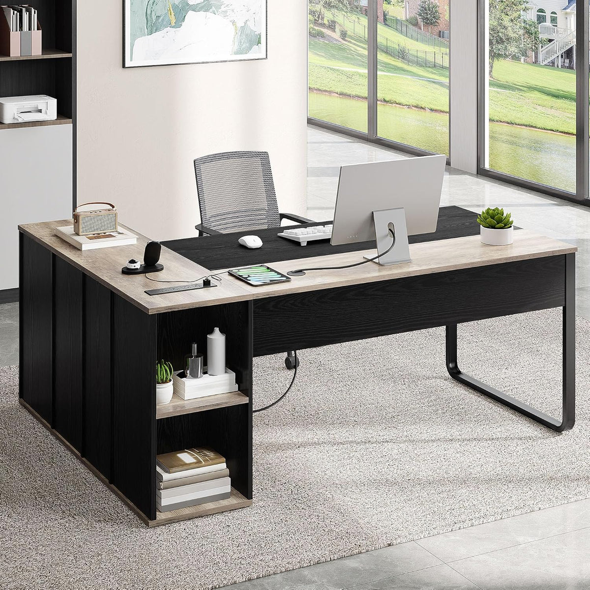 YITAHOME Executive Desk with Power Outlets, 71" L Shaped Desk with File Cabinet, Executive Desk with Drawers & Storage Shelves, Corner Office Desk with Bookshelf for Home Office, Grey & Black