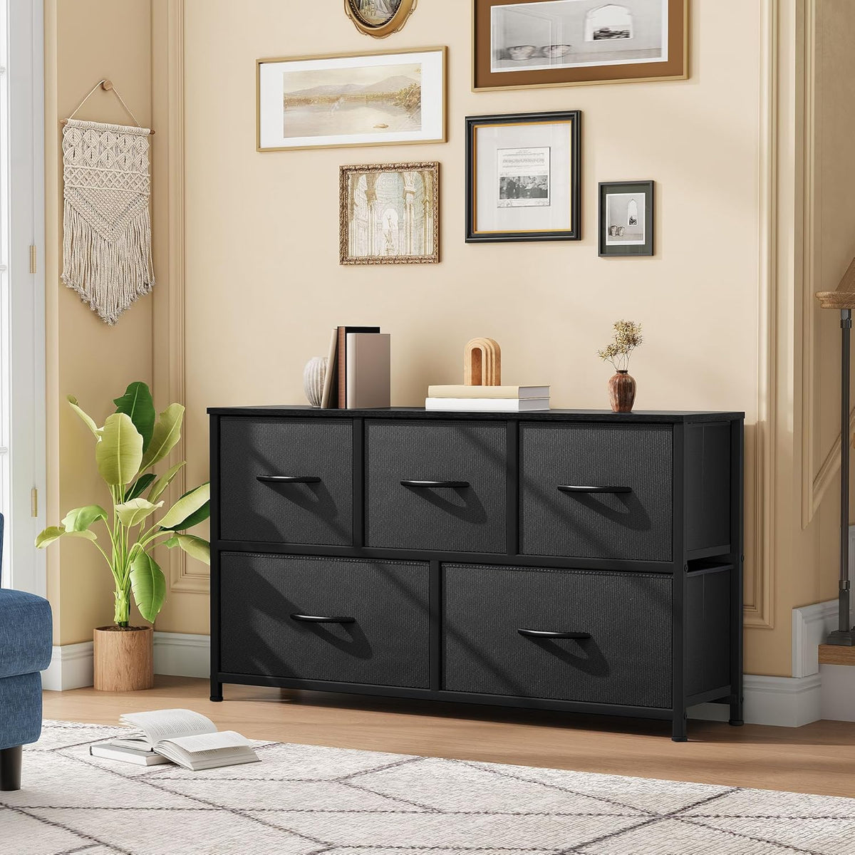 DWVO Dresser with 5 Drawers - Fabric Storage Tower, Organizer Unit for Bedroom, Living Room, Closets - Sturdy Steel Frame, Wooden Top (Black)