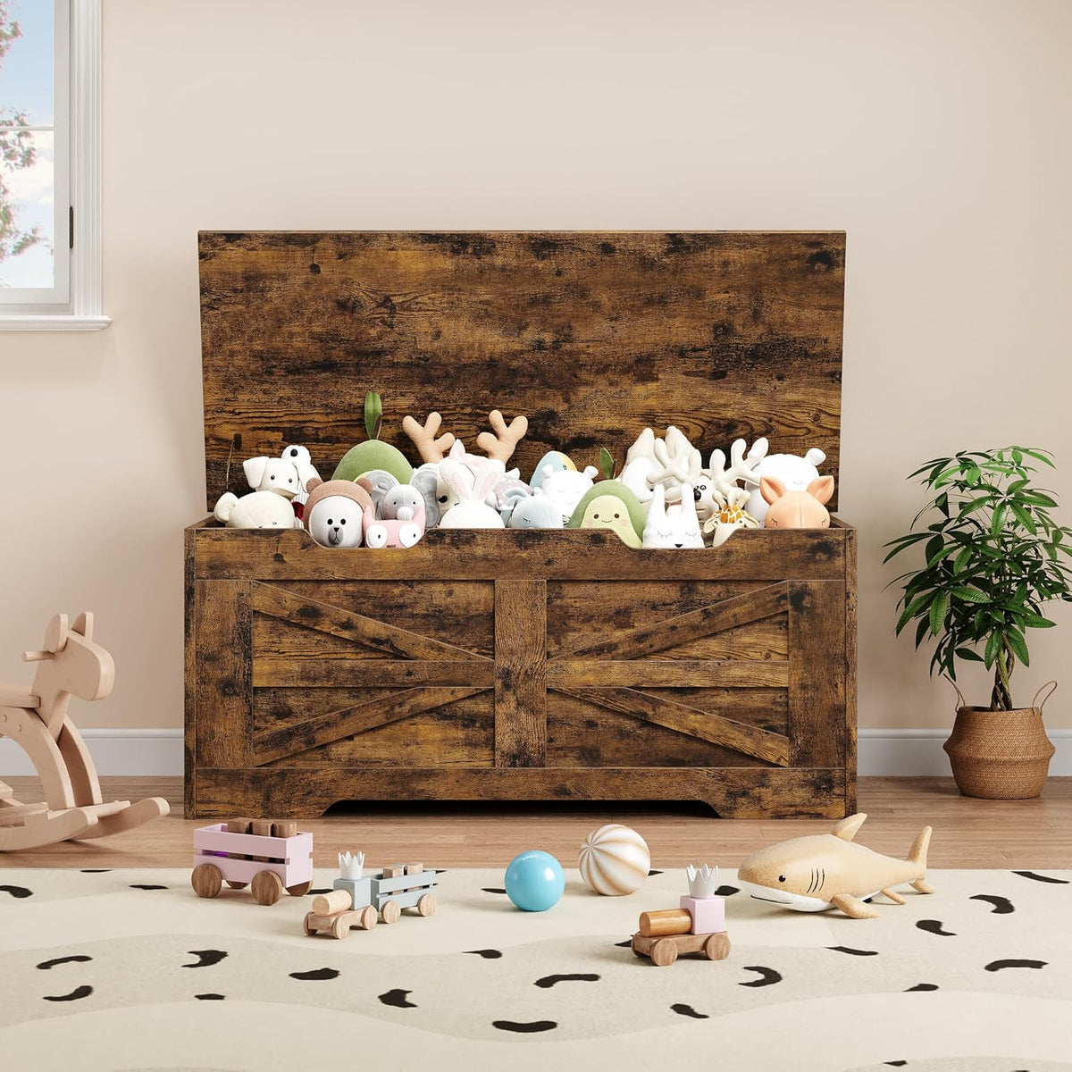GarveeHome 39.4" Storage Chest, Toy Chest With Lids, Entryway Storage Bench with Safety Hinge, Wooden Storage Trunk, Supports 350 Lb, for Living Room, Bedroom, Rustic Brown