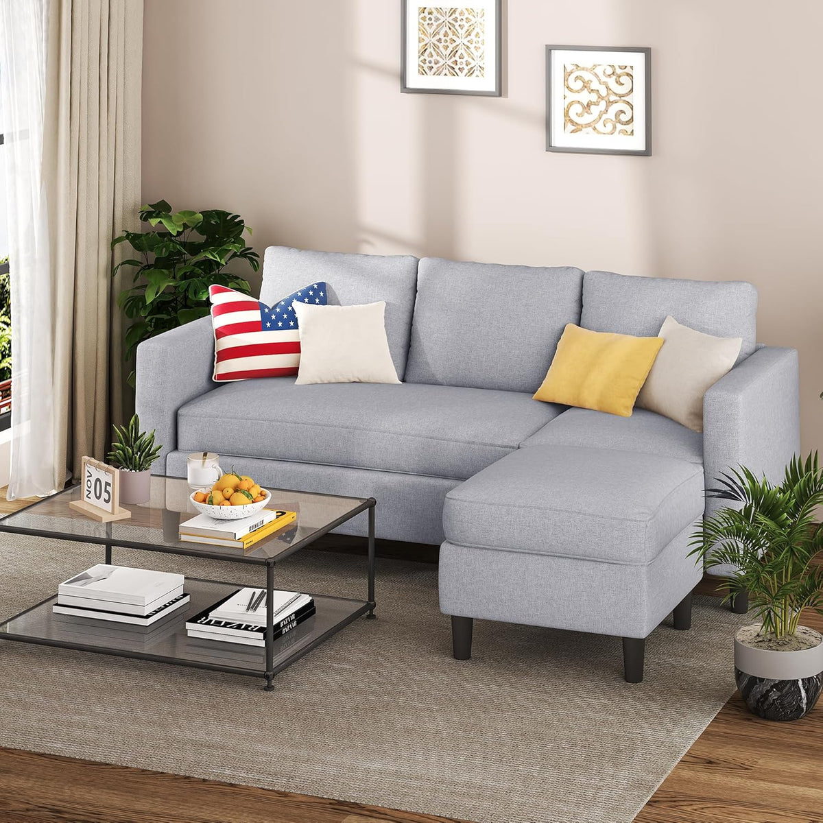 Small Sectional Sofa Couch, 3 Seat L Shaped Couches with Ottoman, Upholstered Fabric Convertible Sofa, Small Couch for Apartments, Living Room and Office (Light Grey)