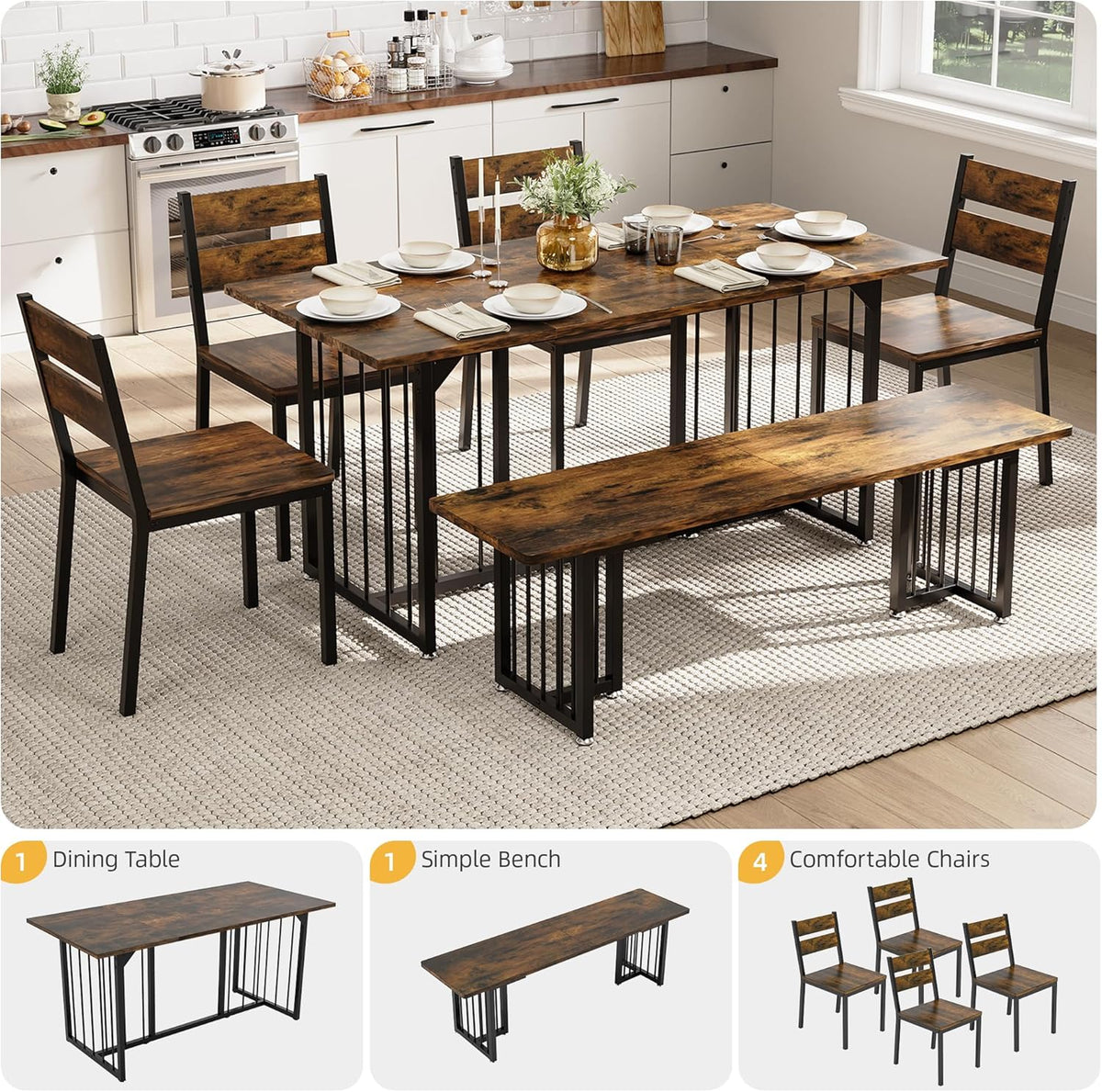 DWVO 63 Inch Dining Table Set for 6-8 People 6-Piece Large Kitchen Table Set with 2 Benches and 4 Chairs Farmhouse Rectangular Dining Room Table for Kitchen Dining Room Apartment Rustic Brown