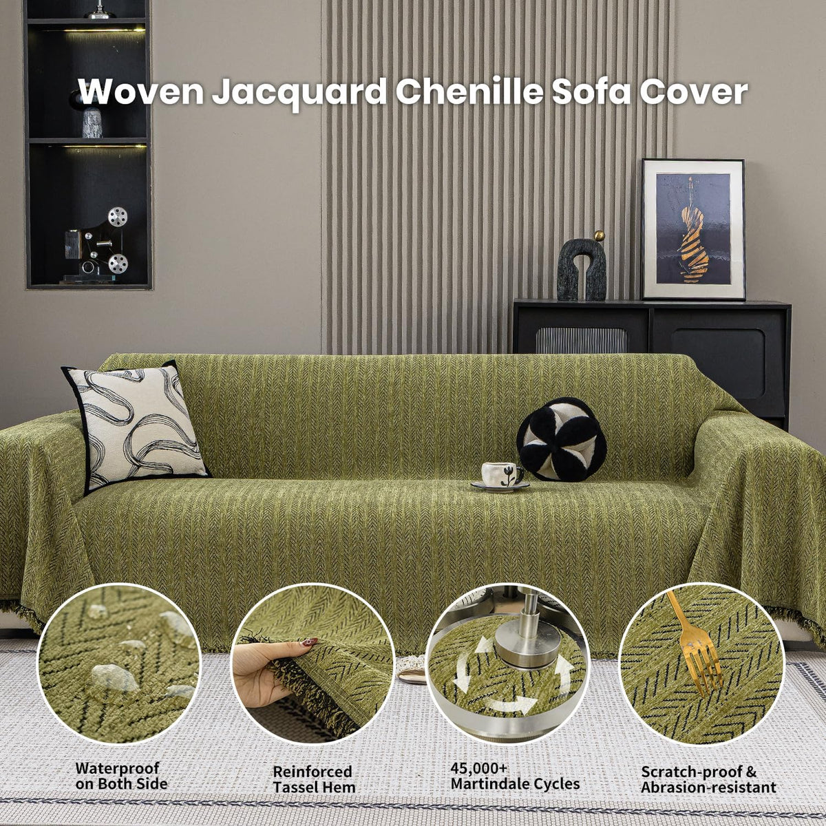 Nobildonna Sofa Cover Washable Soft Thicken Chenille Couch Cover with Tassel,Waterproof Sofa Slipcover for 3-4 Cushion Couch,Sectional Sofa,L-Shaped Furniture Protector Pet-Friendly,Green 71"x150"