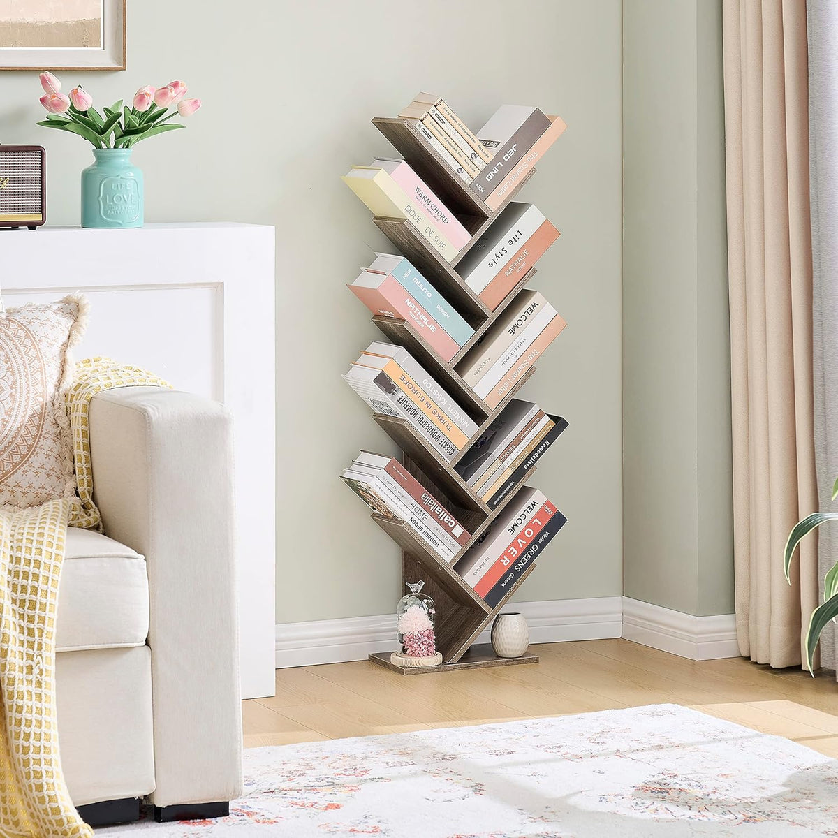 Hoctieon 10 Tier Tree Bookshelf, 10 Shelf Bookcase, Free Standing Tree Bookcase, Display Floor Standing Shelf for Books, Book Organizer Shelves for Home Office, Living Room, Bedroom, Greige