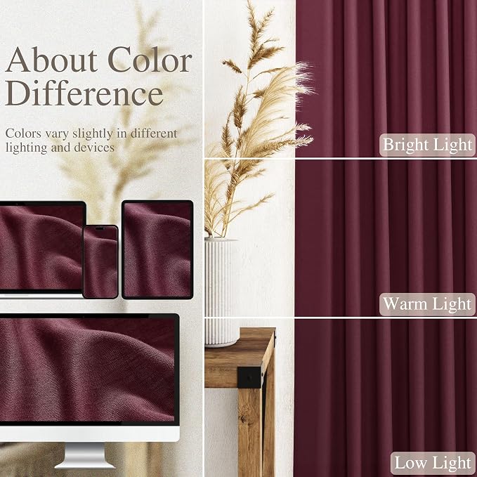 Burgundy Linen Curtains 90 Inch Long 2 Panels Set
