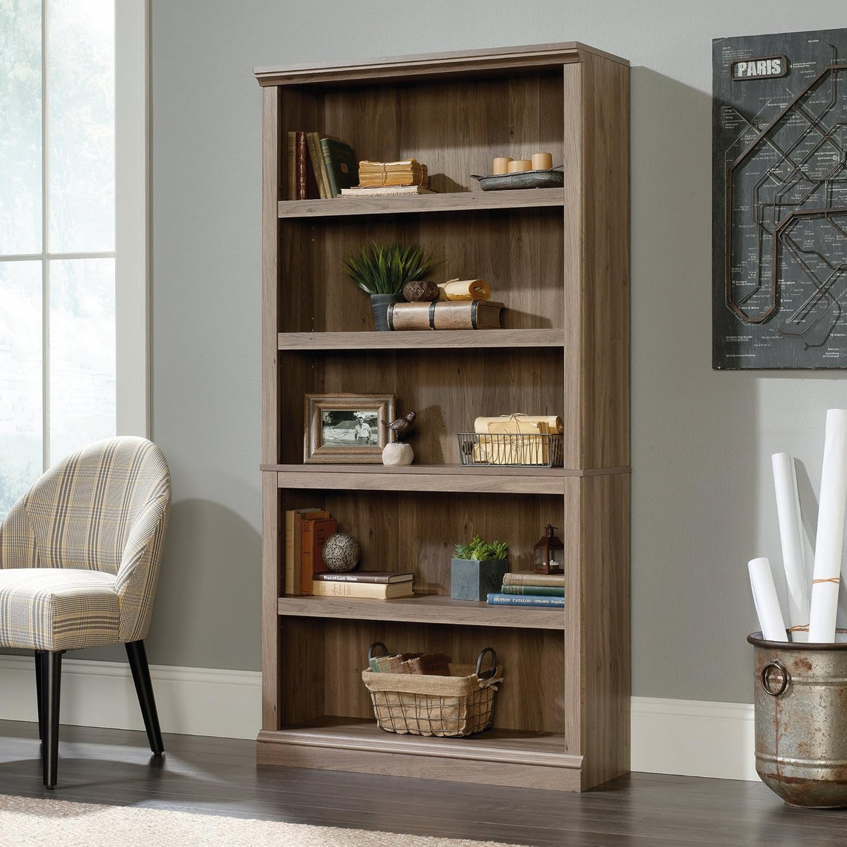 Sauder 5 Tier Book Shelf Wooden Bookcase Multipurpose Bookshelf for Home Office, Living Room, in Salt Oak finish