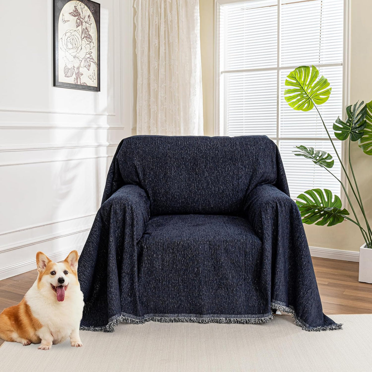 MYSKY HOME Chair Couch Covers - Sectional Couch Covers for Pet Sofa Covers - Non Slip Soft Couch Cover, Washable Furniture Protector - Slipcover with Tassel Sofa Throws, 71"x91", Navy Blue