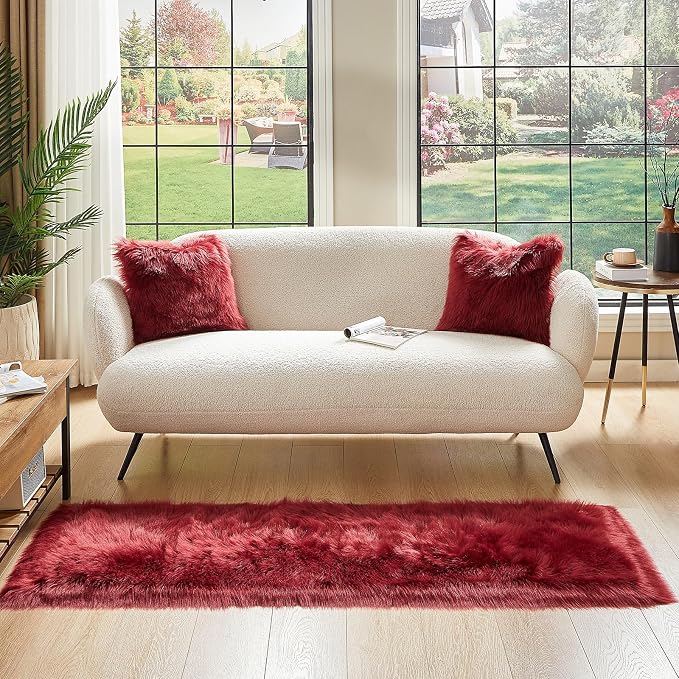 AMTOVO Faux Fur Rug, Burgundy Ultra Soft Fluffy Shag Sheepskin Rug, 2 x 6 ft