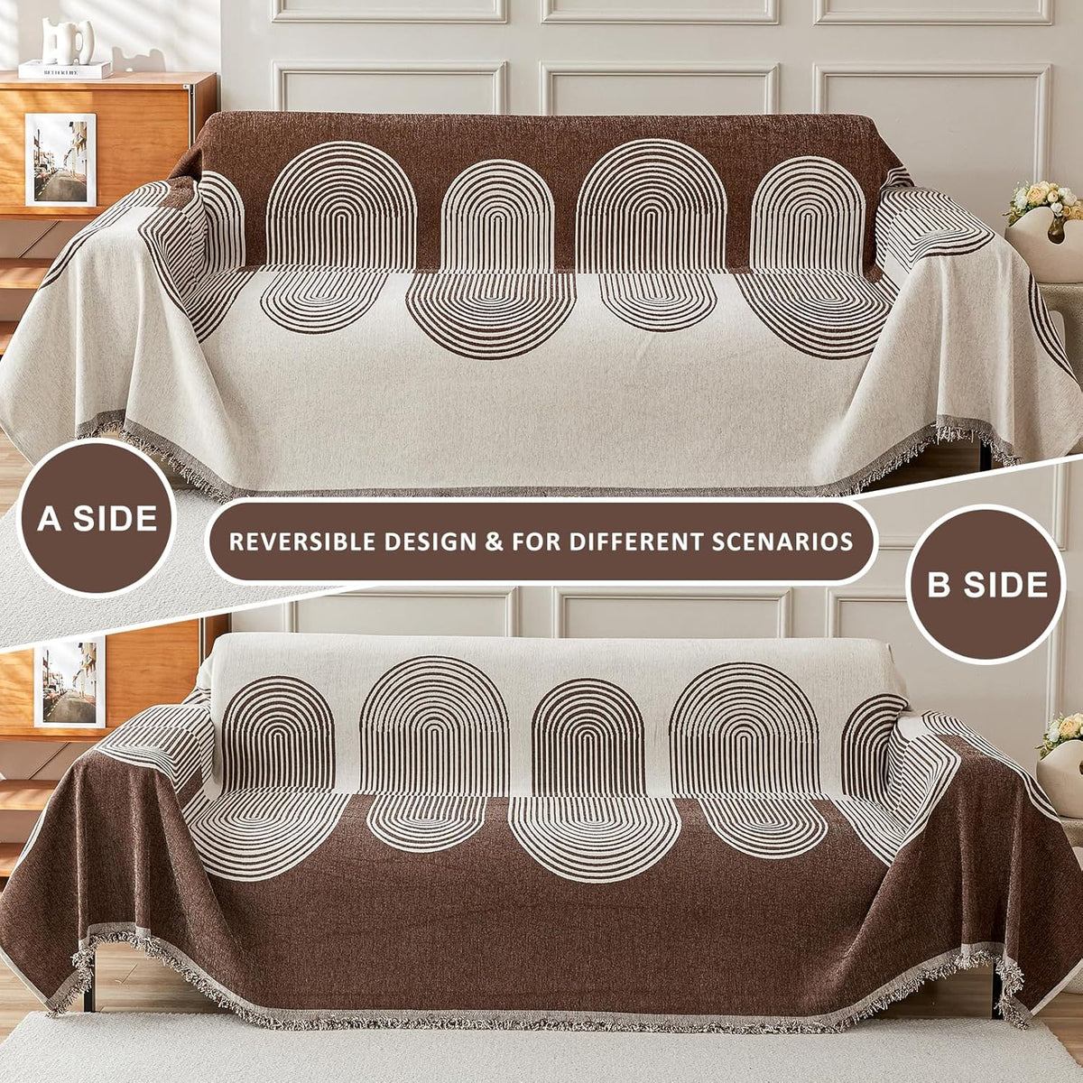 STACYPIK Soft Boho Chenille Couch Cover for Pets Beige Khaki Sofa Cover for 3 Cushion Couch Non Slip Furniture Protector with Tassels Geometric Couch Cover L Shaped Pet Friendly Washable-71x150IN