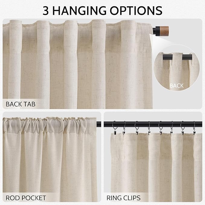 Cream Beige Linen Curtains for Living Room 126 Inches Long Light Filtering Semi