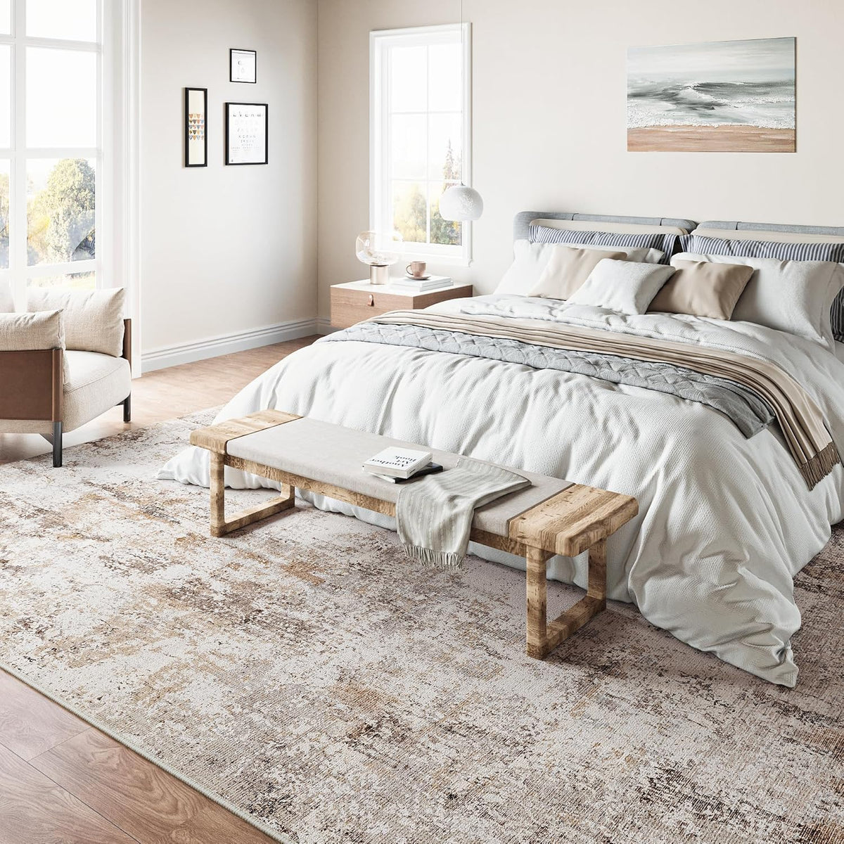 5x7 Washable Area Rug Brown Grey Neutral Abstract Living Room Bedroom Throw Rug Non Slip Soft Low Pile Indoor Floor Carpet for Dining Room Kitchen Office Entryway Home