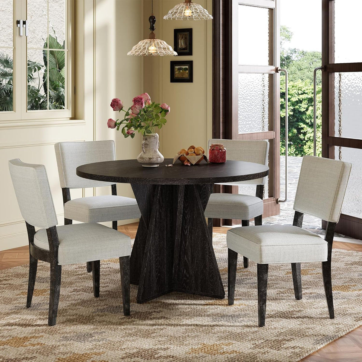 Ball & Cast Retro Dining Table Set for 4 with 4 Upholstered Chairs,5-Piece Wooden Living Room Furniture W/ 47" Round Dining Table and Designed Base,for Small Space,Apartment,Dining Room,Espresso