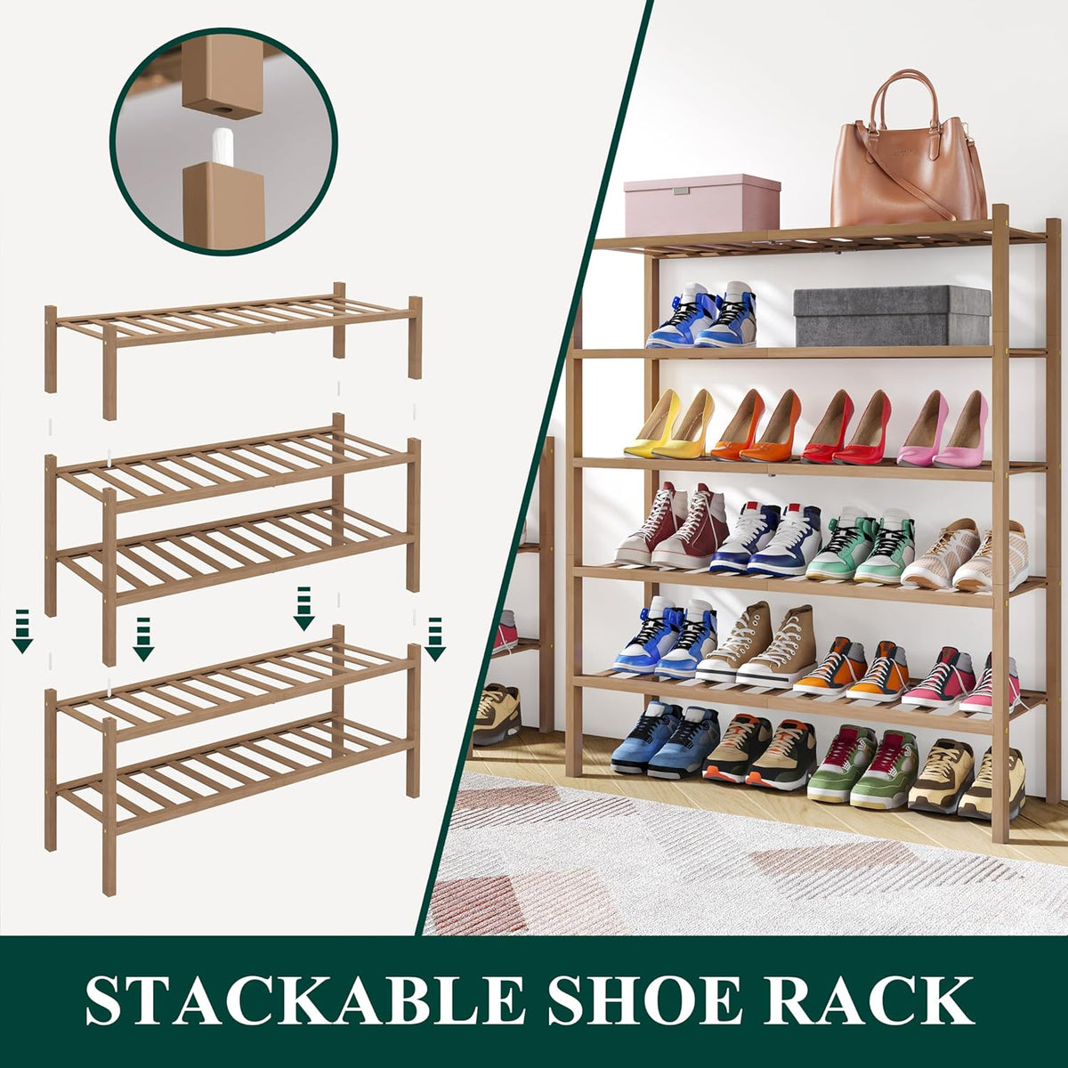 Smiry Shoe Rack, 2 Tier Thick Bamboo Shoe Organizer, Stackable Free Standing Wooden Shoe Storage Shelf for Closet, Entryway, Front Door Entrance, Walnut