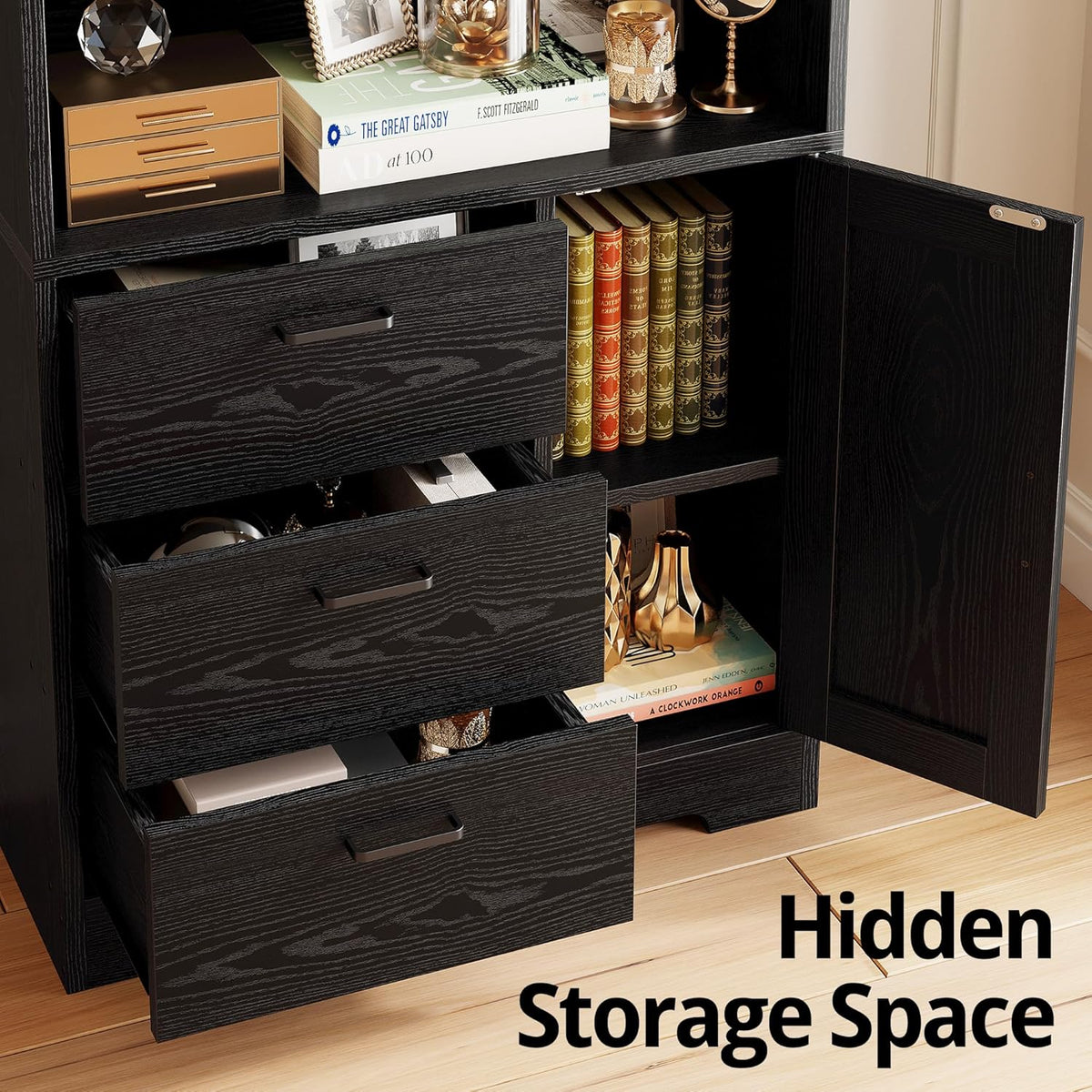IRONCK Bookshelf with Door and 3 Drawers, 71in Tall Bookcase Shelf with 3-Tier Shelves, for Bedroom Living Room Entrance Hallway Home Office