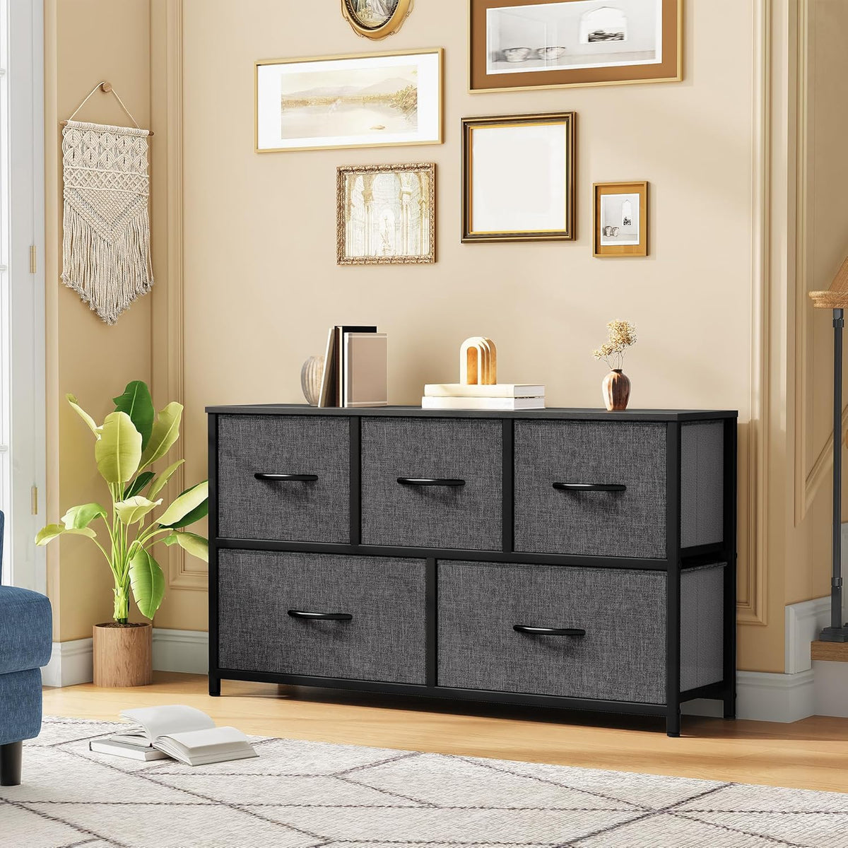 DWVO Dresser with 5 Drawers - Fabric Storage Tower, Black Dresser & Chest of Drawers, Organizer Unit for Bedroom