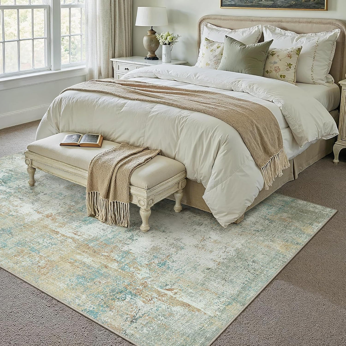 6x9 Washable Area Rug Teal Beige Modern Neutral Abstract Living Room Bedroom Indoor Floor Carpet Low Pile Soft Non-Slip Lightweight Vacuumable Throw Rug for Nursery Dining Room Office