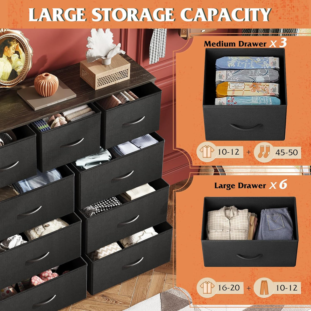 WLIVE 9-Drawer Dresser, Fabric Storage Tower for Bedroom, Hallway, Entryway, Closet, Tall Chest Organizer Unit with Fabric Bins, Steel Frame, Wood Top, Easy Pull Handle, Charcoal Black