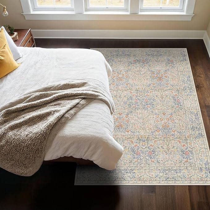 Washable Beige Blue 5x8 Area Rug