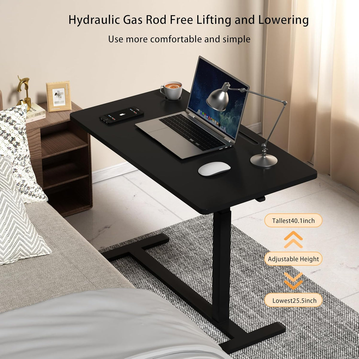 Home Office Desks Height Adjustable with 360° Moveable Hidden Wheels,Multifunctional Pneumatic Laptop Desk Suitable for Sofa、Bedside、Study and Work Use,Black