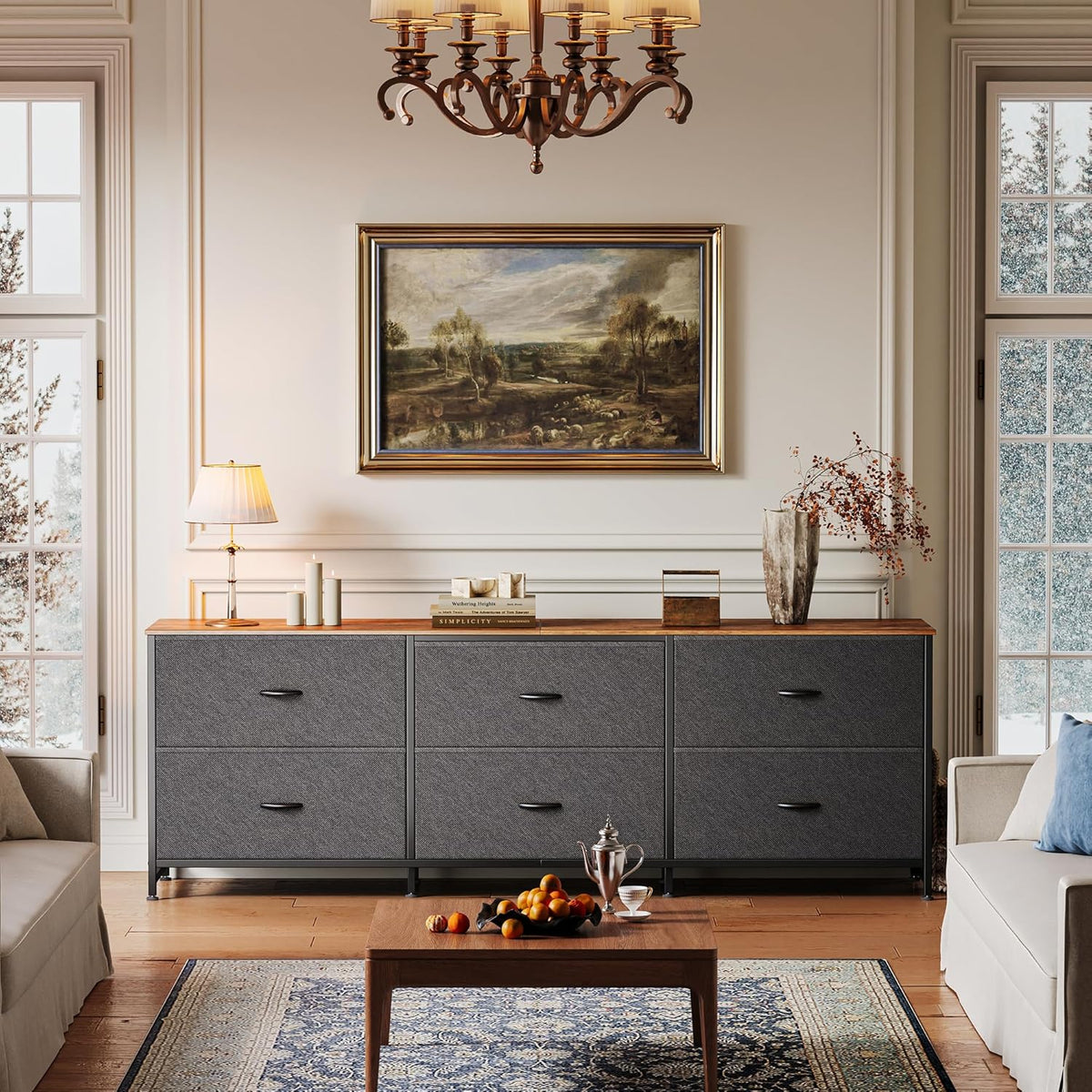 Huuger 63 Inch Long Dresser for Bedroom, Wide TV Stand for 55, 65, 70 Inch TV, 6 Drawer Dresser for Closet with Fabric Drawers, Storage Organizer for Bedroom, Entryway, Rustic Brown and Black