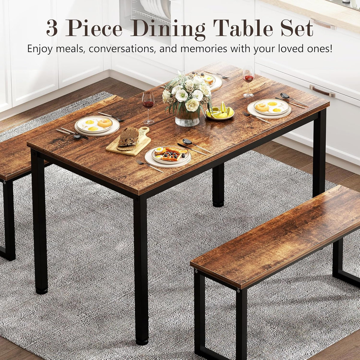 soges 39.4 in Kitchen Table Set with 2 Benches, Dining Table Set for 4, 3 Piece Wooden Industrial Style Dining Room Table and Long Benches, Breakfast Table Coffee Table Set, Retro