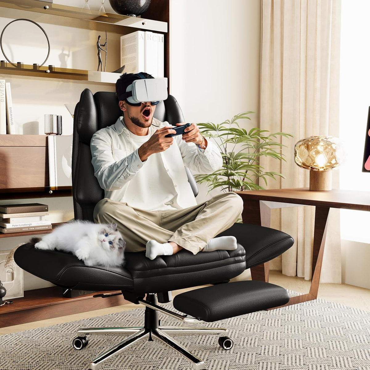 GABRYLLY Ergonomic Chair with Footrest – Wide Cross Legged Chair with Reversible Armrests, 120°Tilt, Lumbar Support,Heavy-Duty Base, Big and Tall Executive Chair Plus, Black, GY82766