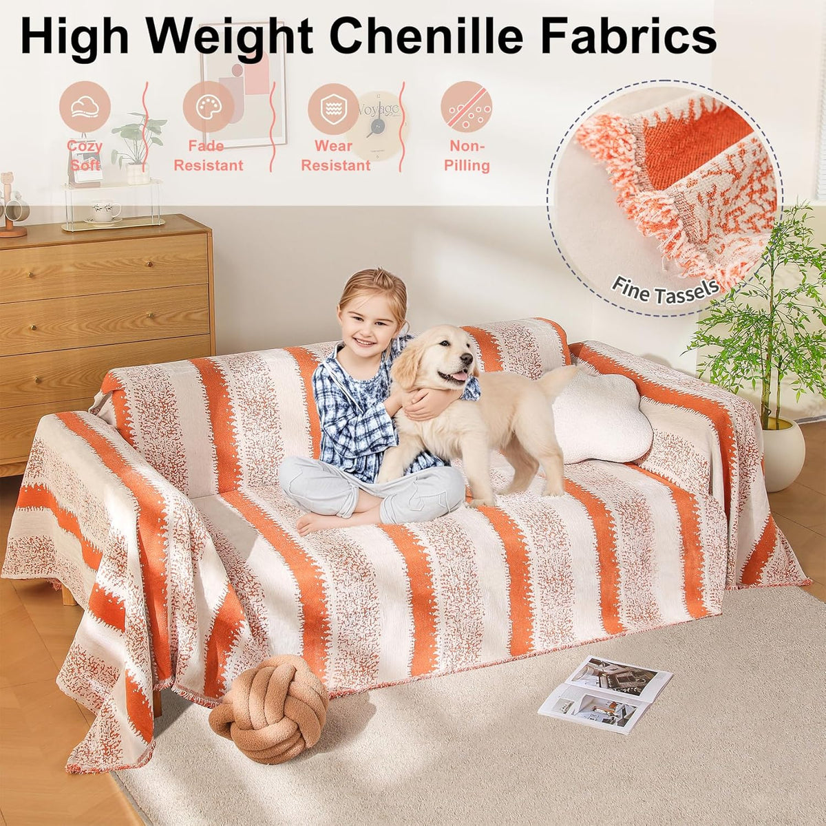 Boho Sofa Cover, Couch Covers for 3 Cushion Couch Sofa Pet Friendly, Sofa Cover Washable, Soft Chenille Living Room Couch Covers Slipcover, Pet Furniture Protecto (1# Orange, 71" x 134")