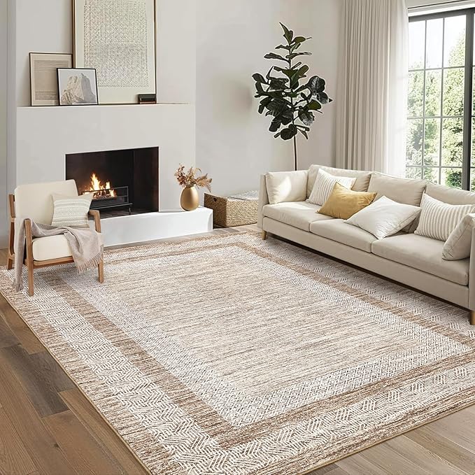 GarveeHome 9x12 Large Modern Brown Area Rug Distressed Bordered Rug Soft Non