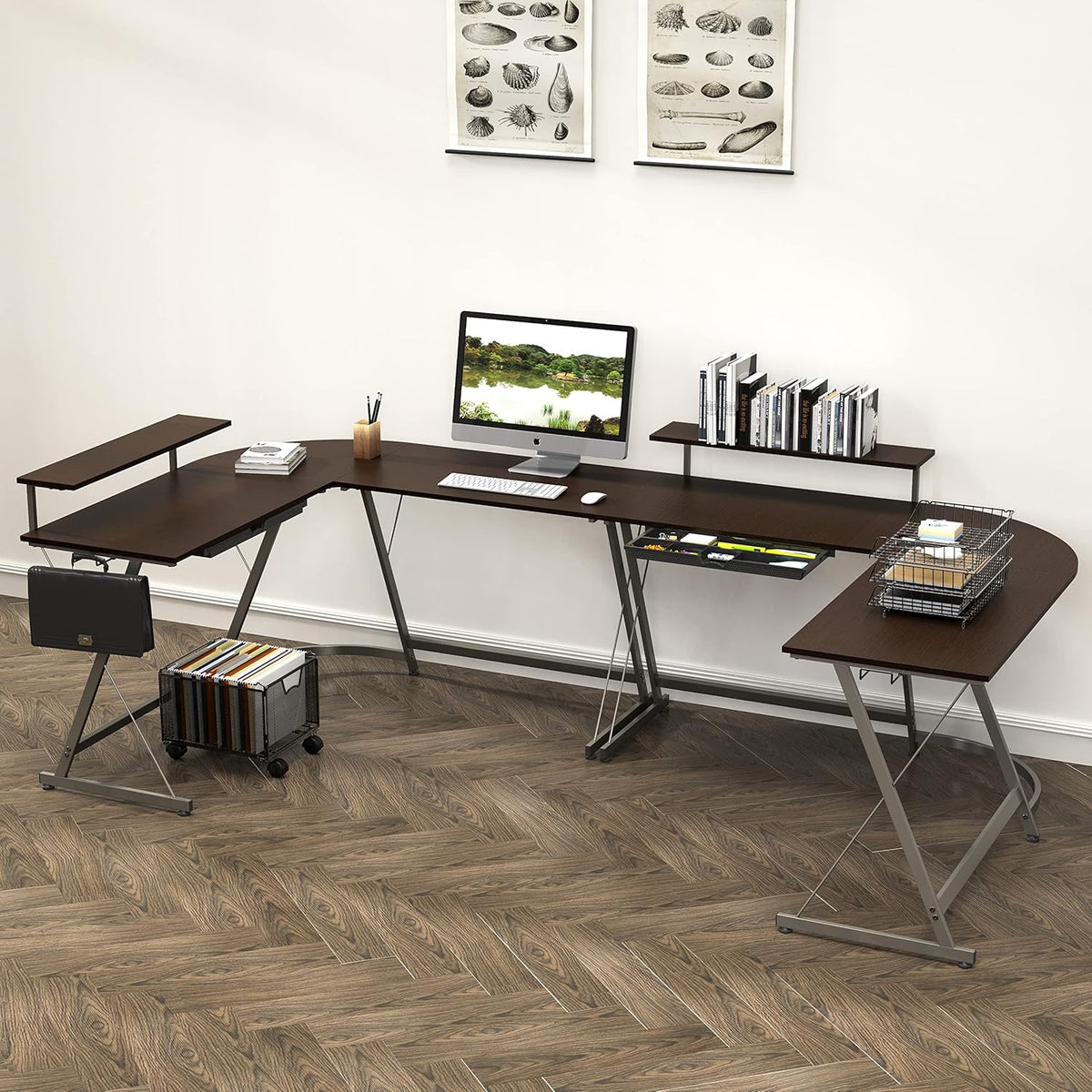 SHW 51 x 51 Inches Vista L-Shaped Desk with Monitor Stand and Drawer, Espresso