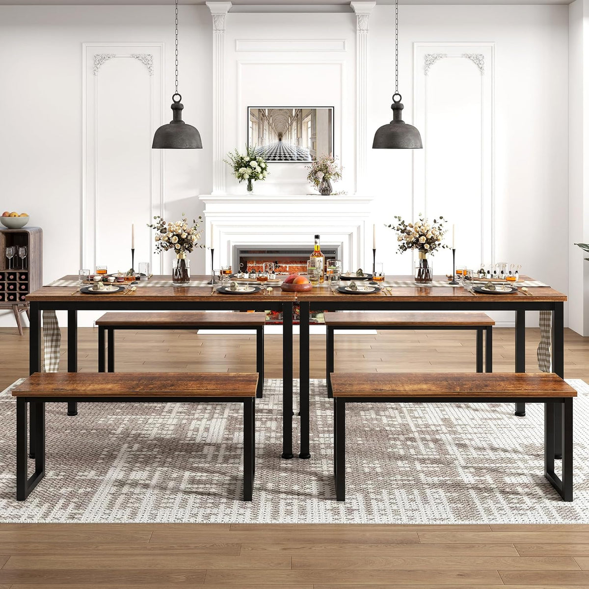soges 39.4 in Kitchen Table Set with 2 Benches, Dining Table Set for 4, 3 Piece Wooden Industrial Style Dining Room Table and Long Benches, Breakfast Table Coffee Table Set, Retro