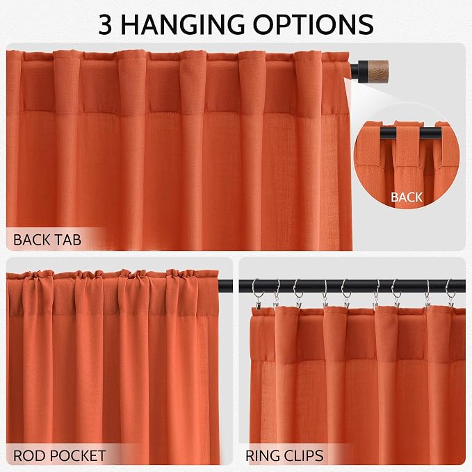 Nanspring Bright Orange Linen Blend Light Filtering Back Tab Curtains 102