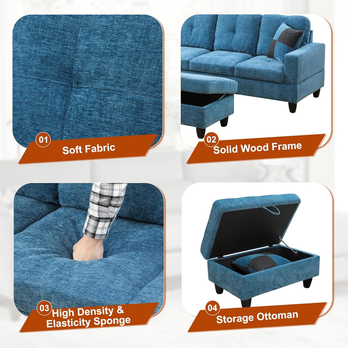 Osparple L Shaped Couch Sectional Couches for Living Room Upholstered Flannel 3 Pieces Modular Sectional Sofa with Chaise, Ottoman with Storage for Living Room and Small Apartment, Steel Blue