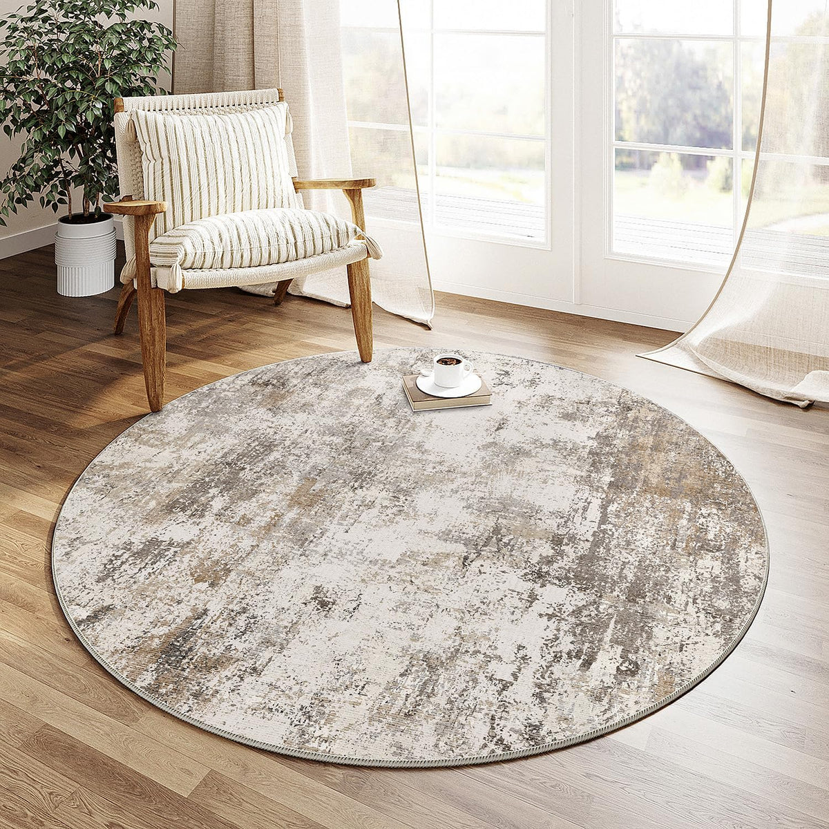 5x5 Washable Round Rug Brown Grey Neutral Abstract Living Room Bedroom Non Slip Low Pile Area Rug Office Entryway Indoor Doormat Soft Carpet for Entrance Bathroom Kitchen